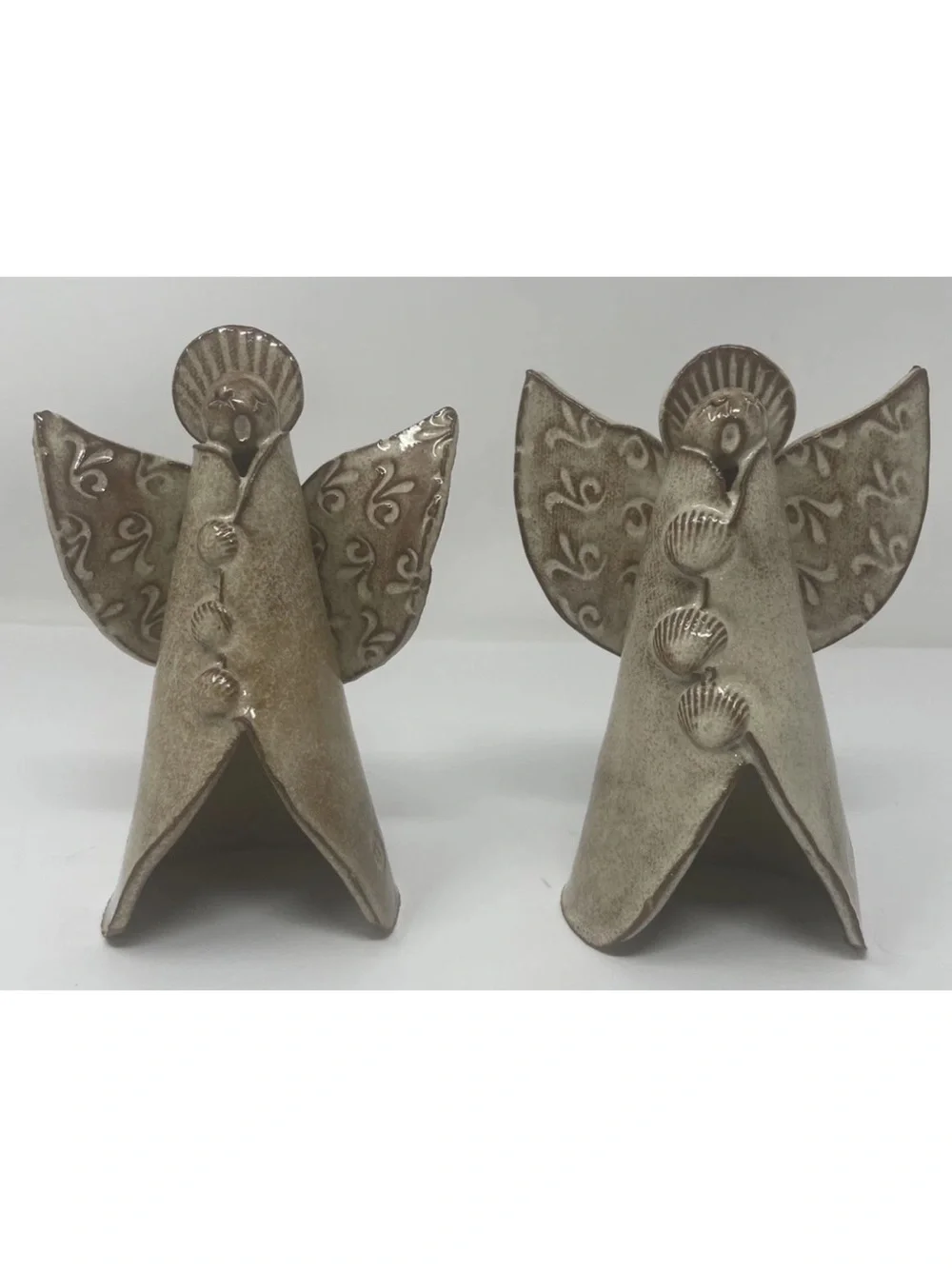 Pair Handmade Studio Pottery Ceramic Angels Folk Art Shell Detail Rustic Decor